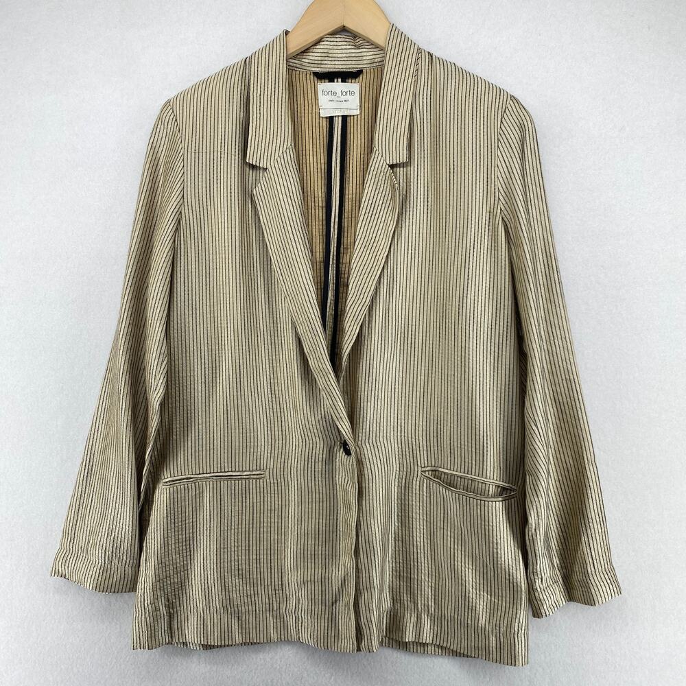 FORTE FORTE Blazer L Striped Linen Blend One Button Notch Collar Beige Italy